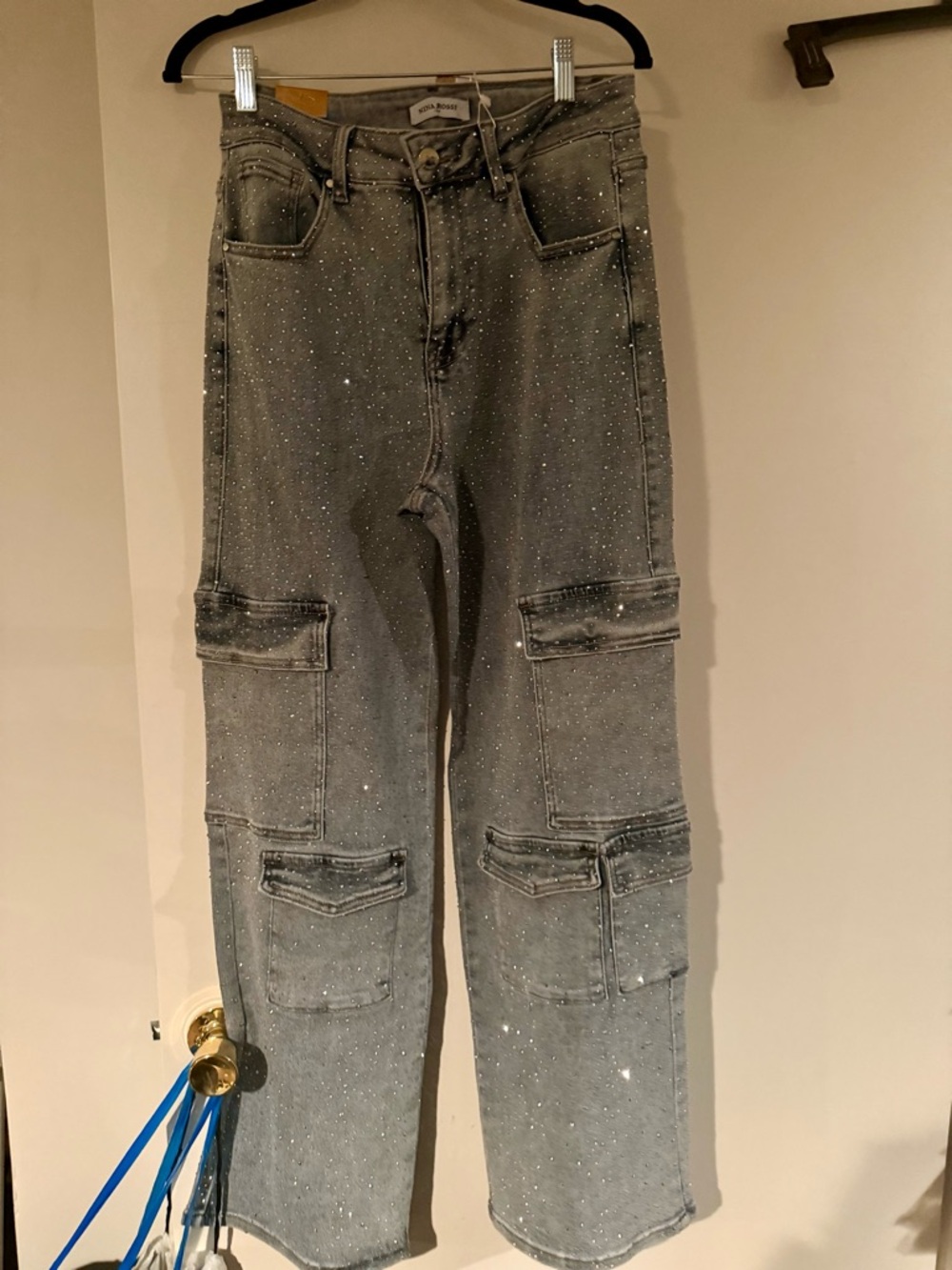 Denim with rhinestones all over Cargo Jeans